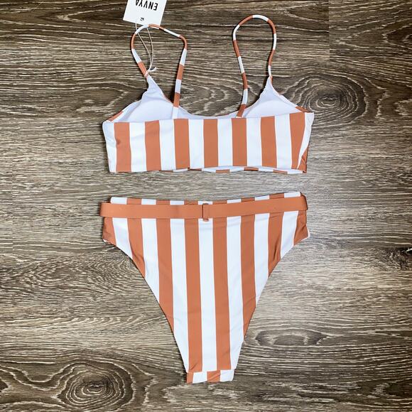 New XS Fashion Nova Vacation Stripes‎ 2 Piece Bikini Tan Rust Hi Cut Swim Set - Picture 5 of 5